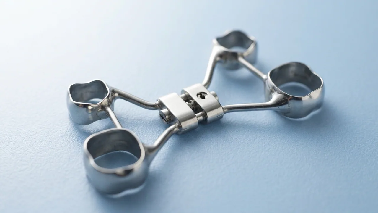 Concept illustration: a rapid palatal expander, a central stainless steel jackscrew with a keyhole and four rigid arms soldered to four stainless molar and premolar bands, on a pale blue surface