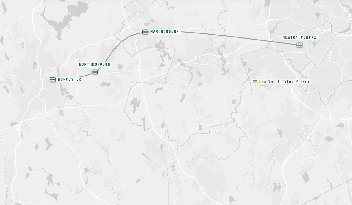 Map of central and eastern Massachusetts with four pins at the Marlborough, Northborough, Newton Centre and Worcester offices