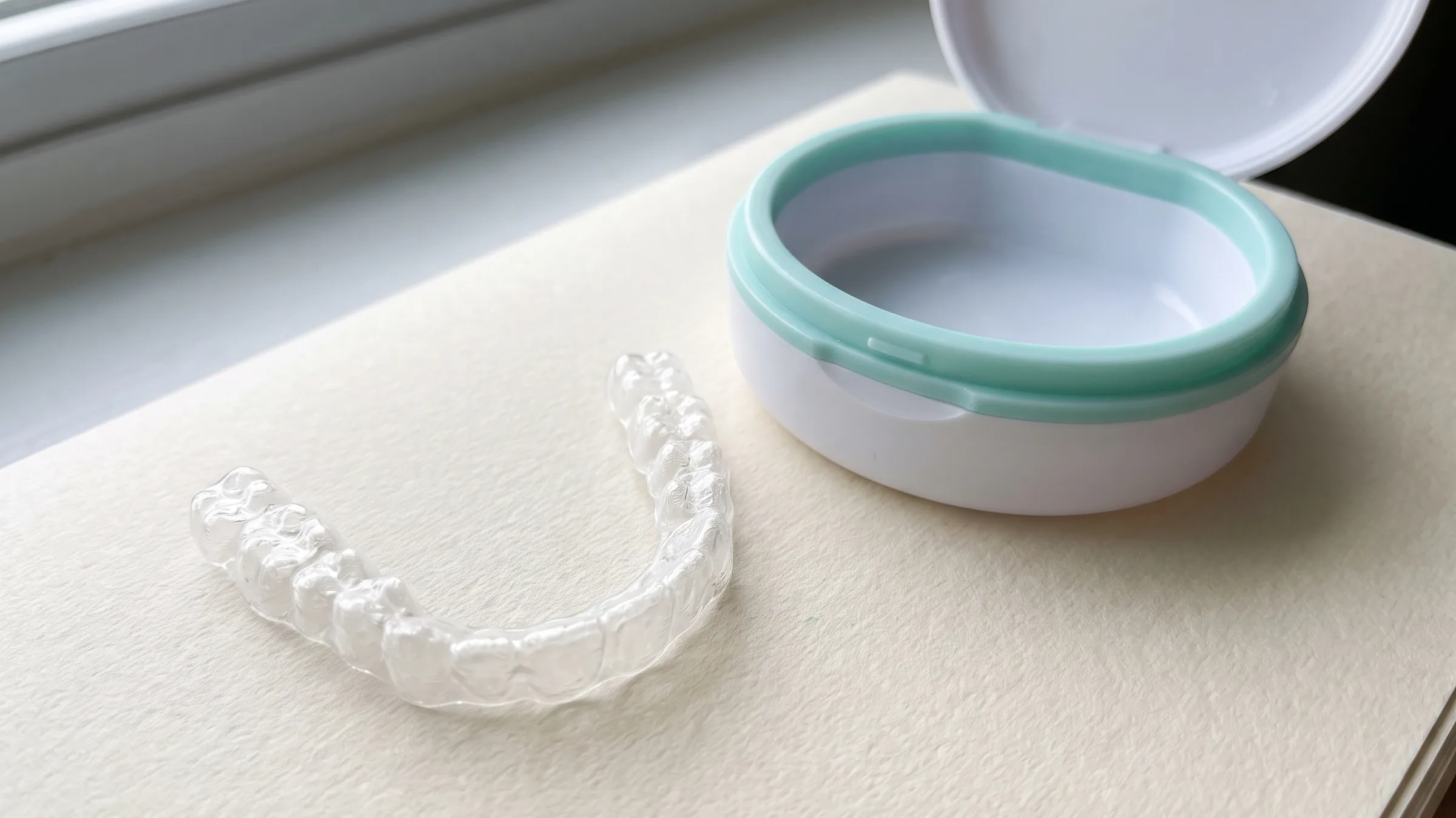 Concept illustration: a clear plastic retainer on cream paper by a window, beside an open oval white retainer case with a mint green rim